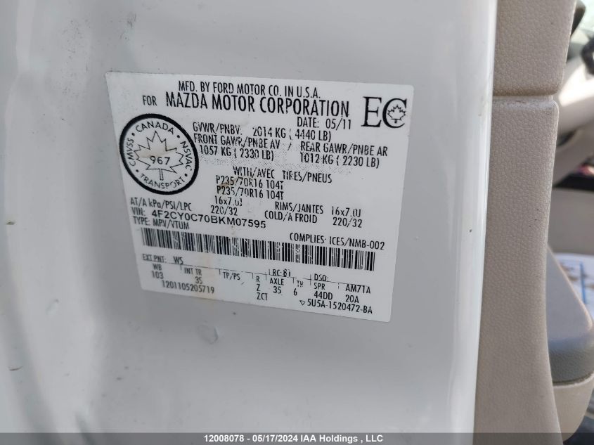 2011 Mazda Tribute VIN: 4F2CY0C70BKM07595 Lot: 12008078