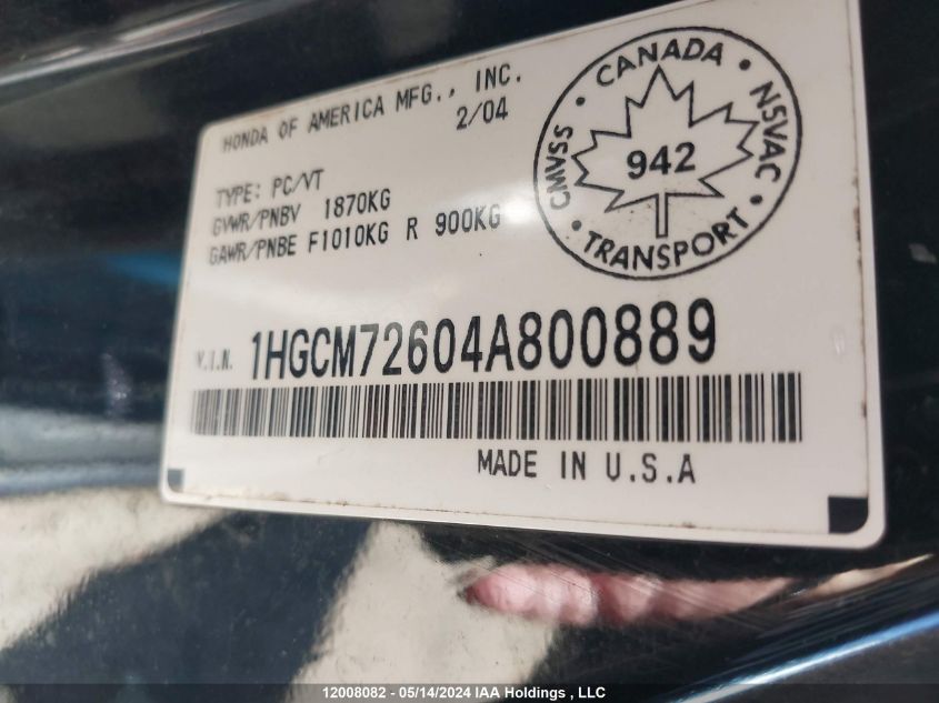 2004 Honda Accord Cpe VIN: 1HGCM72604A800889 Lot: 12008082
