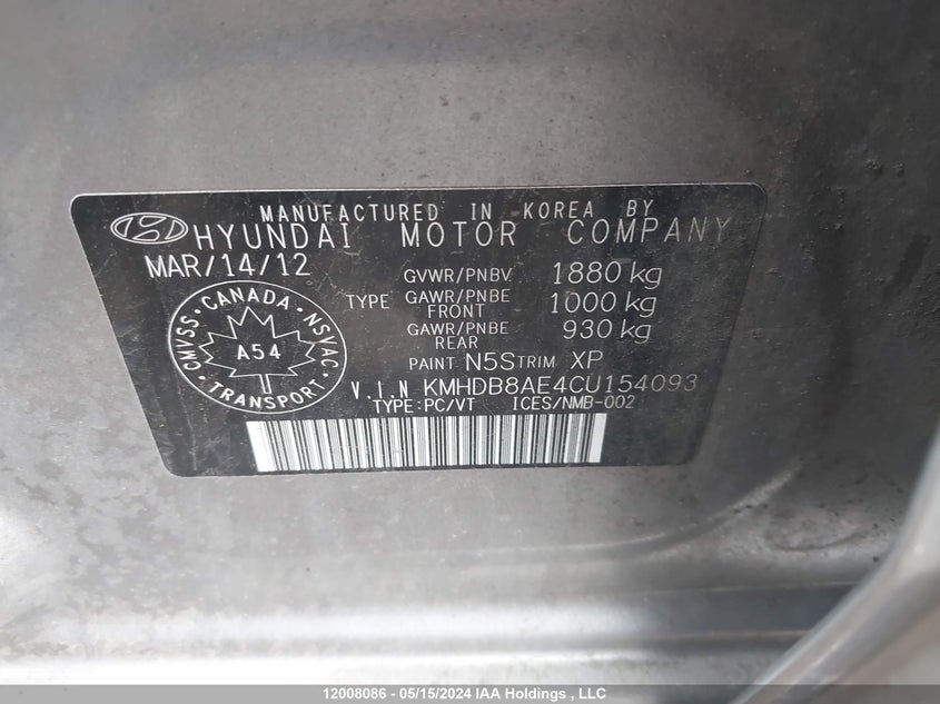 2012 Hyundai Elantra Touring Gls VIN: KMHDB8AE4CU154093 Lot: 12008086