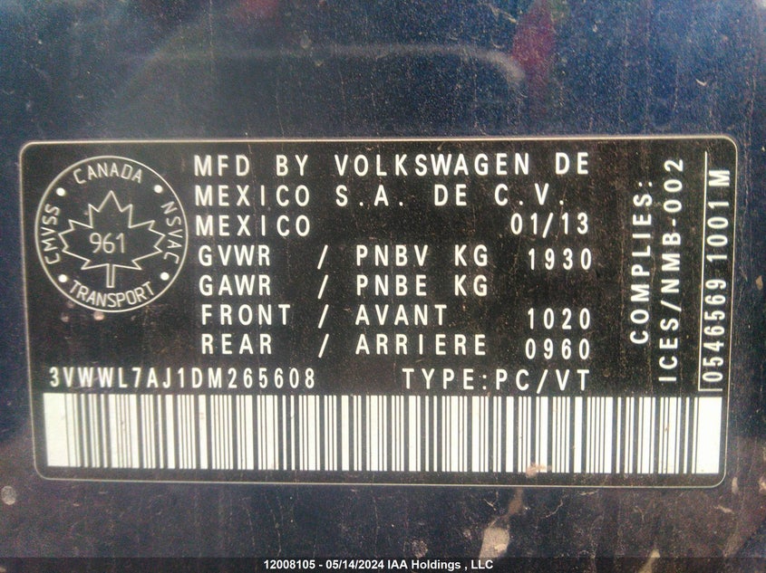 2013 Volkswagen Jetta Tdi VIN: 3VWWL7AJ1DM265608 Lot: 12008105