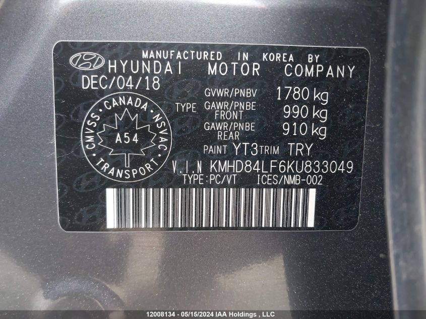 2019 Hyundai Elantra Preferred VIN: KMHD84LF6KU833049 Lot: 12008134