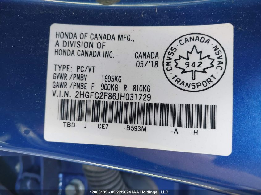 2018 Honda Civic Ex 4Dr VIN: 2HGFC2F86JH031729 Lot: 12008135