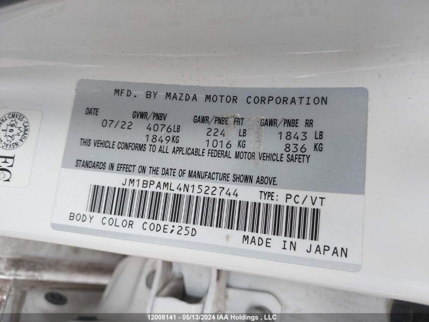 2022 Mazda 3 Premium VIN: JM1BPAML4N1522744 Lot: 12008141