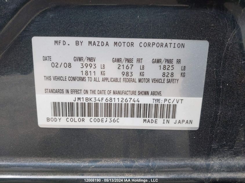 2008 Mazda Mazda3 VIN: JM1BK34F681126744 Lot: 12008190