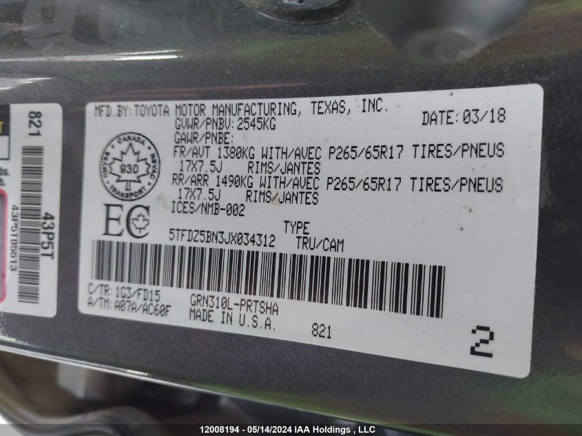 2018 Toyota Tacoma Dbl Cab/Sr5/Trd Sport/Or VIN: 5TFDZ5BN3JX034312 Lot: 12008194