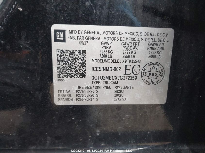 2018 GMC Sierra K1500 Sle VIN: 3GTU2MECXJG172359 Lot: 12008210