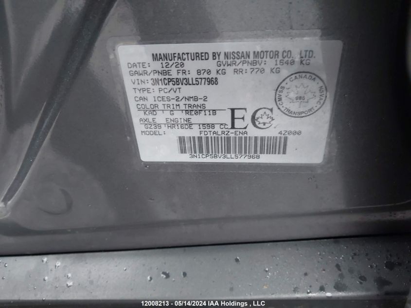 2020 Nissan Kicks VIN: 3N1CP5BV3LL577968 Lot: 12008213