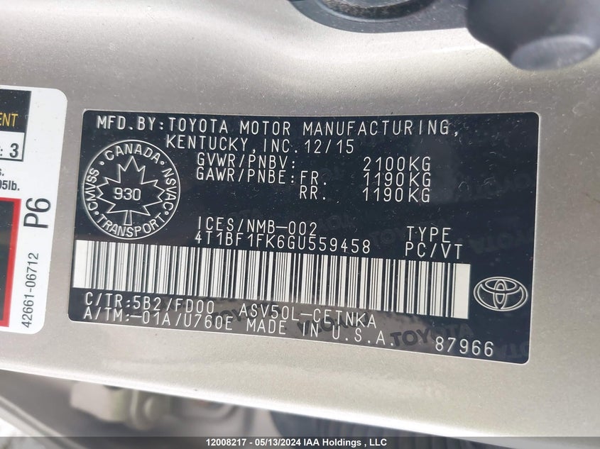 2016 Toyota Camry VIN: 4T1BF1FK6GU559458 Lot: 12008217