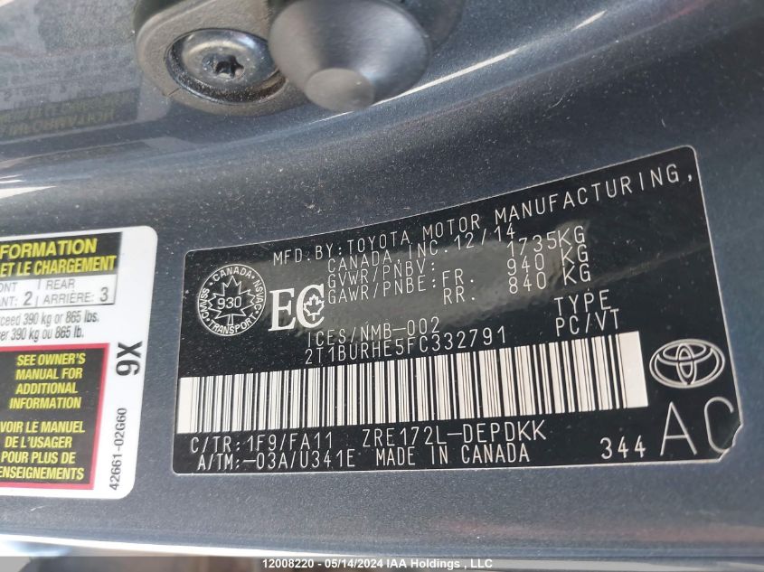 2015 Toyota Corolla L/Le/Le Pls/Prm/S/S Pls VIN: 2T1BURHE5FC332791 Lot: 12008220