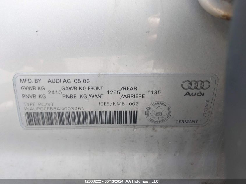 2010 Audi A6 VIN: WAUPGCFB8AN003461 Lot: 12008222