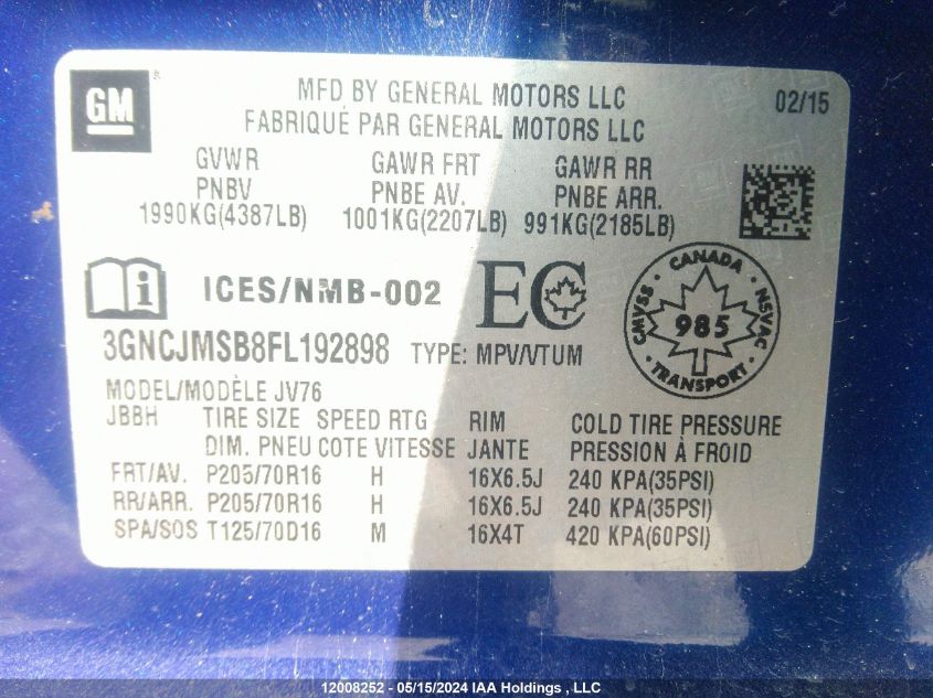 2015 Chevrolet Trax 2Lt VIN: 3GNCJMSB8FL192898 Lot: 12008252