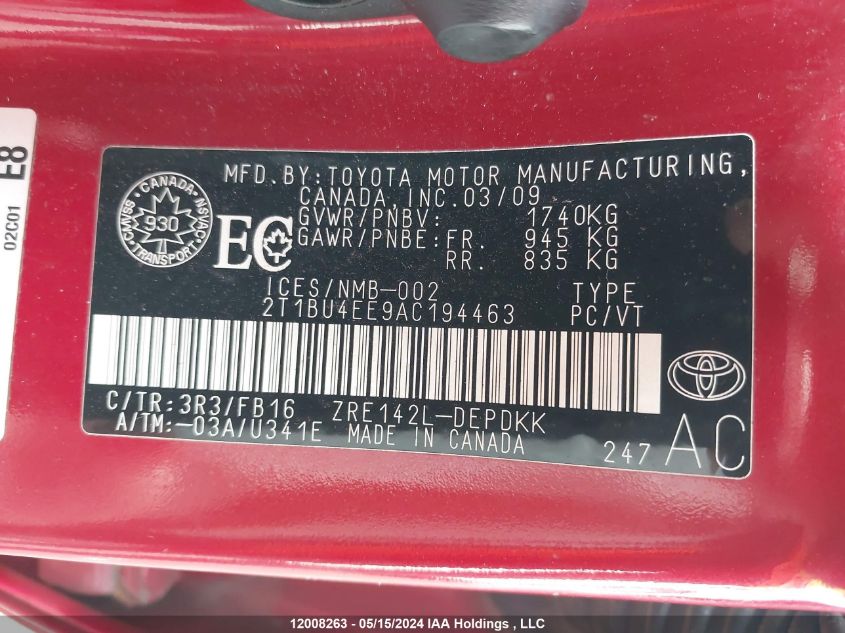 2010 Toyota Corolla Le VIN: 2T1BU4EE9AC194463 Lot: 12008263