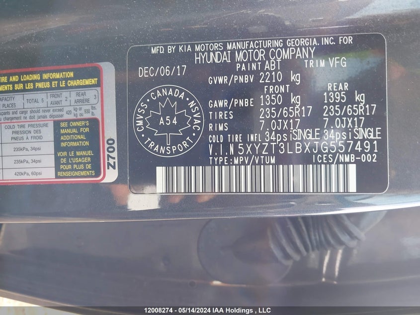 2018 Hyundai Santa Fe Sport 2.4 Base VIN: 5XYZT3LBXJG557491 Lot: 12008274