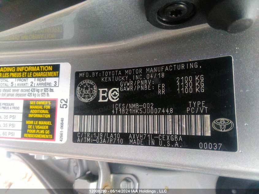 4T1B21HK5JU007448 2018 Toyota Camry Hybrid/Le/Xle/Se