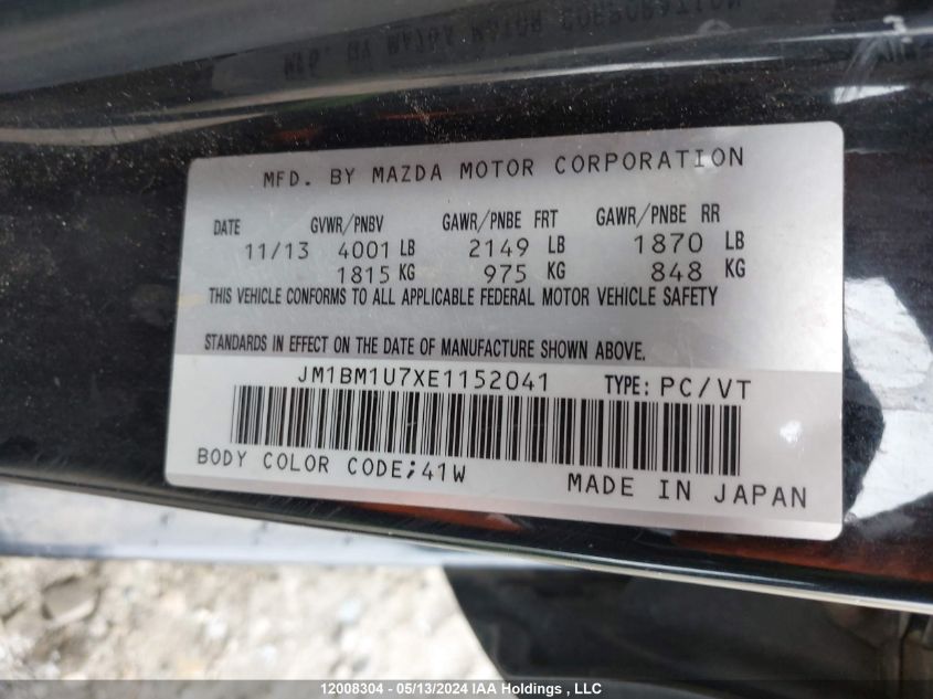 2014 Mazda Mazda3 VIN: JM1BM1U7XE1152041 Lot: 12008304