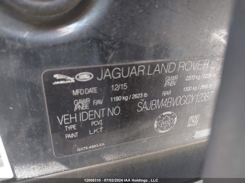 2016 Jaguar Xf S VIN: SAJBM4BV0GCY12387 Lot: 12008310