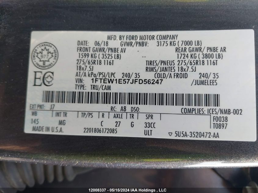 2018 Ford F-150 Xlt VIN: 1FTEW1E57JFD56247 Lot: 12008337
