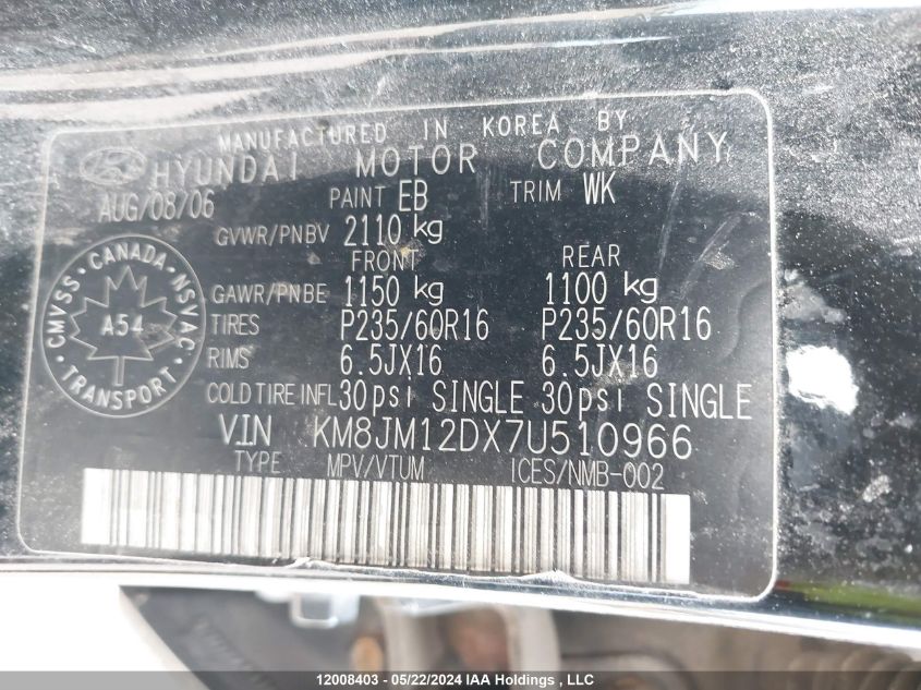 2007 Hyundai Tucson VIN: KM8JM12DX7U510966 Lot: 12008403