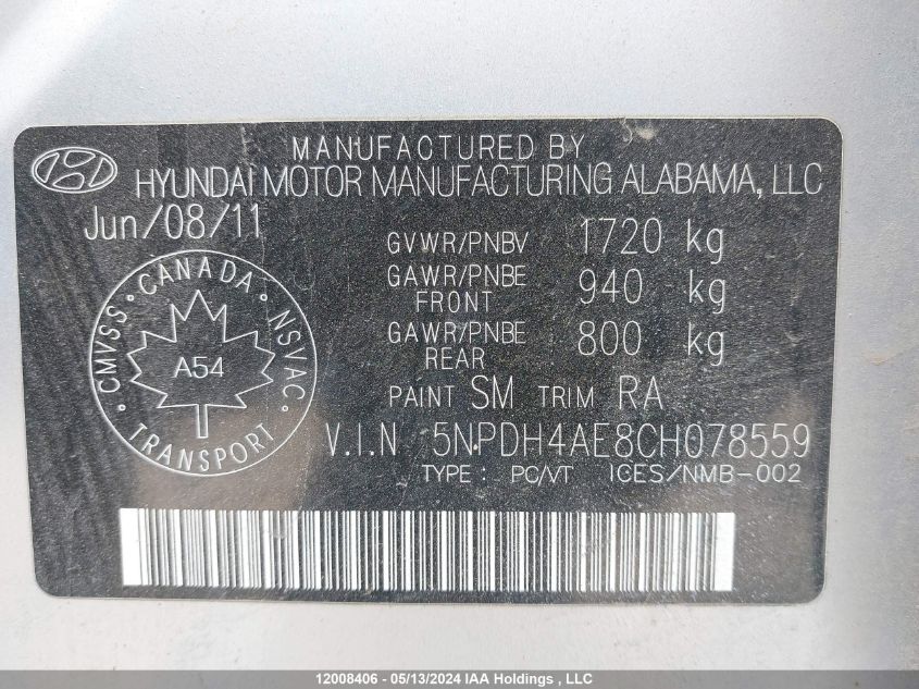 2012 Hyundai Elantra Gl VIN: 5NPDH4AE8CH078559 Lot: 12008406