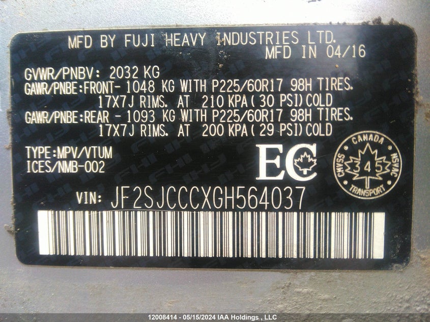 2016 Subaru Forester 2.5I Premium VIN: JF2SJCCCXGH564037 Lot: 12008414