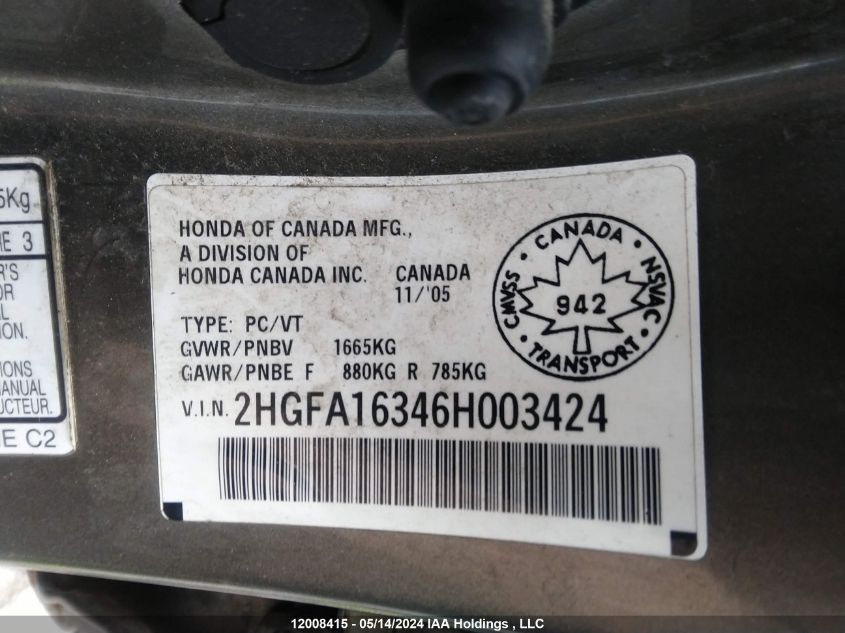 2006 Honda Civic Dx Vp VIN: 2HGFA16346H003424 Lot: 12008415