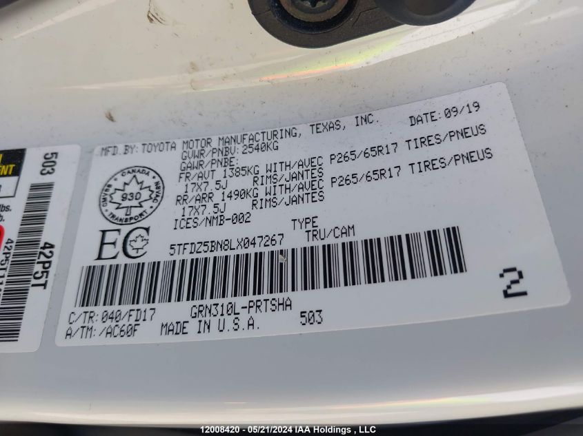 2020 Toyota Tacoma VIN: 5TFDZ5BN8LX047267 Lot: 12008420