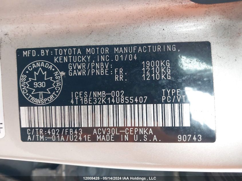 2004 Toyota Camry Le/Xle/Se VIN: 4T1BE32K14U855407 Lot: 12008425