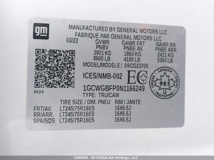 2022 Chevrolet Express Cargo Van VIN: 1GCWGBFP0N1166249 Lot: 12008426