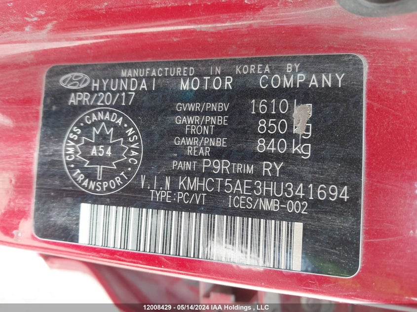 2017 Hyundai Accent Se VIN: KMHCT5AE3HU341694 Lot: 12008429