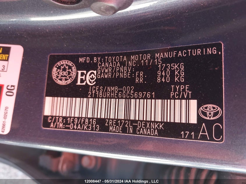 2016 Toyota Corolla Ce/Le/S VIN: 2T1BURHE6GC569761 Lot: 12008447