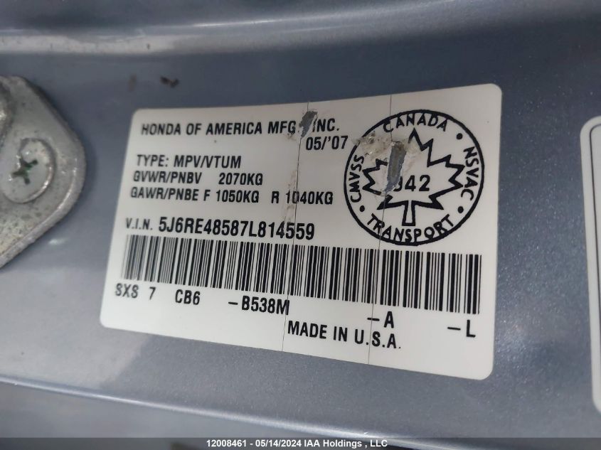 2007 Honda Cr-V VIN: 5J6RE48587L814559 Lot: 12008461