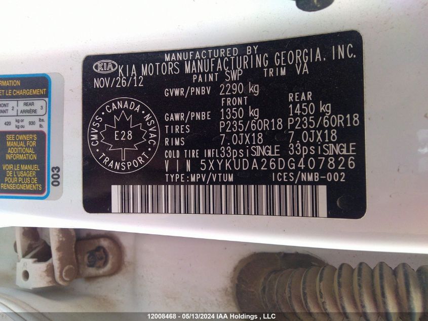 2013 Kia Sorento VIN: 5XYKUDA26DG407826 Lot: 12008468