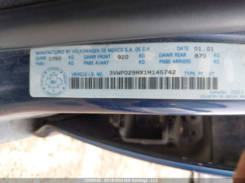 2001 Volkswagen Jetta Wolfsburg VIN: 3VWPD29MX1M145742 Lot: 12008525