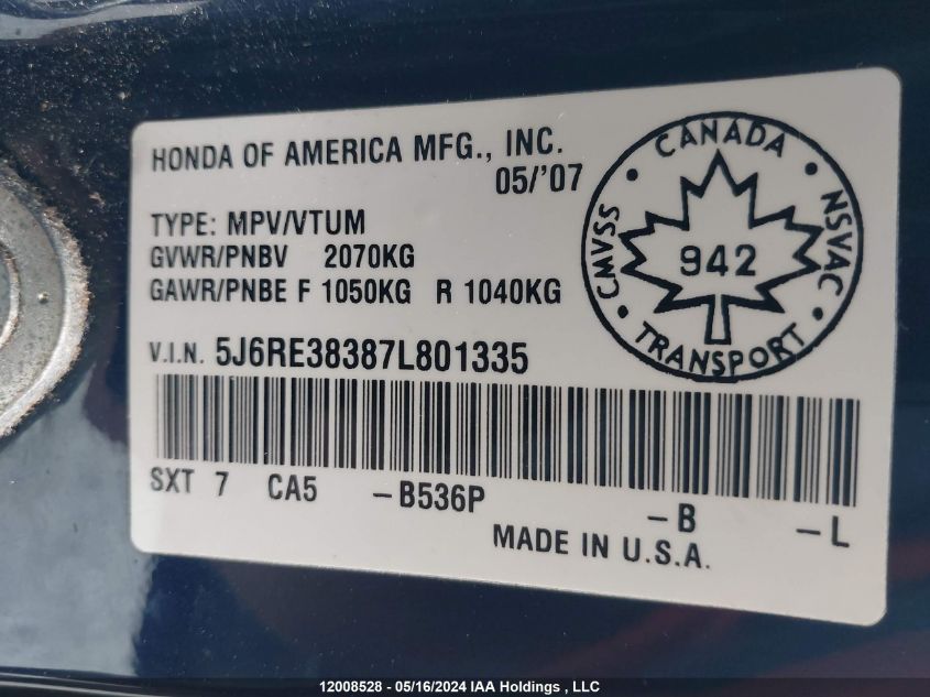 2007 Honda Cr-V VIN: 5J6RE38387L801335 Lot: 12008528