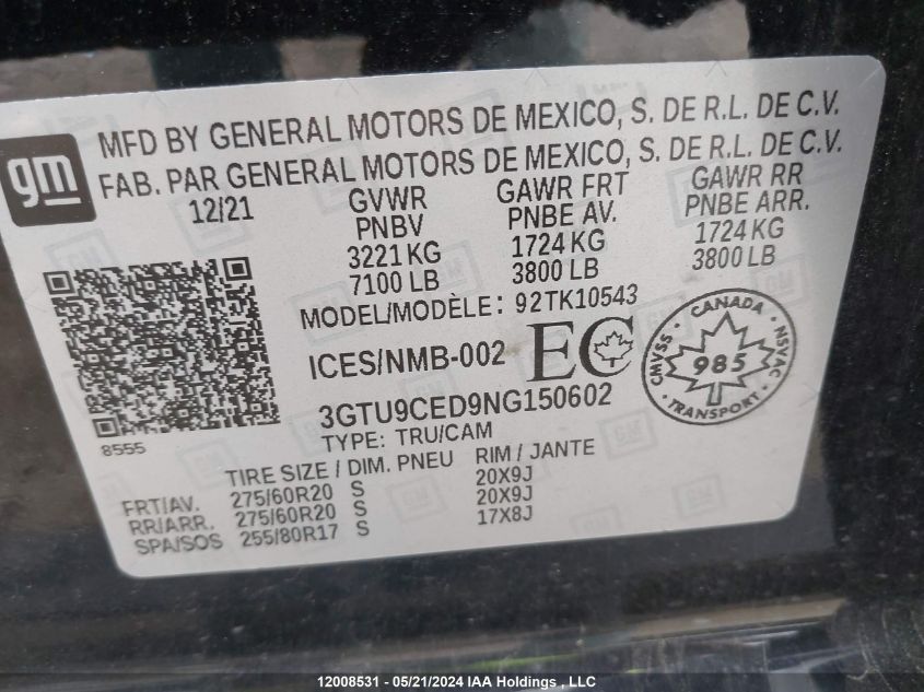 2022 GMC Sierra 1500 Limited VIN: 3GTU9CED9NG150602 Lot: 12008531