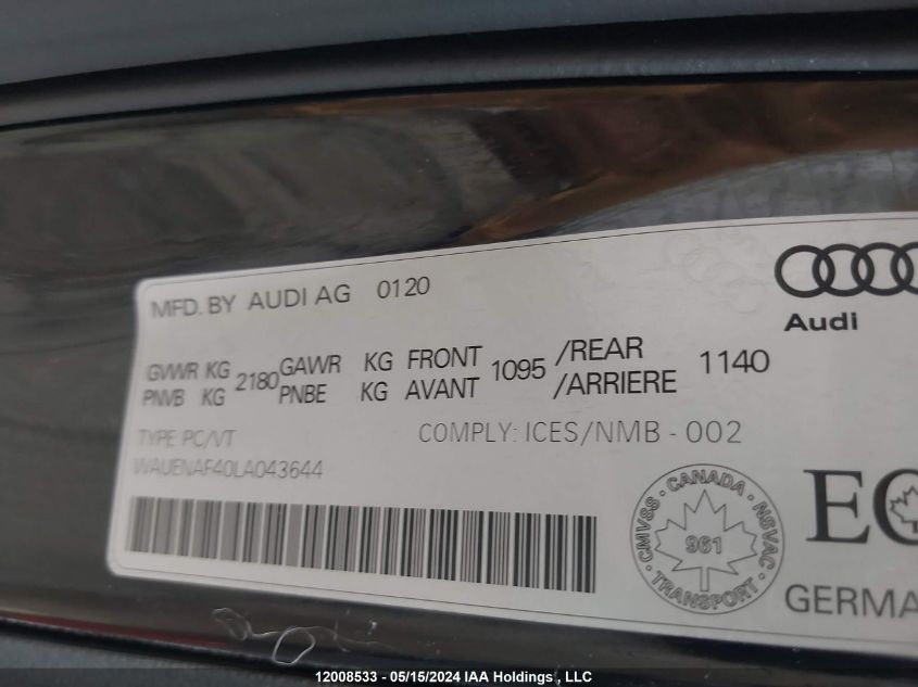 2020 Audi A4 VIN: WAUENAF40LA043644 Lot: 12008533