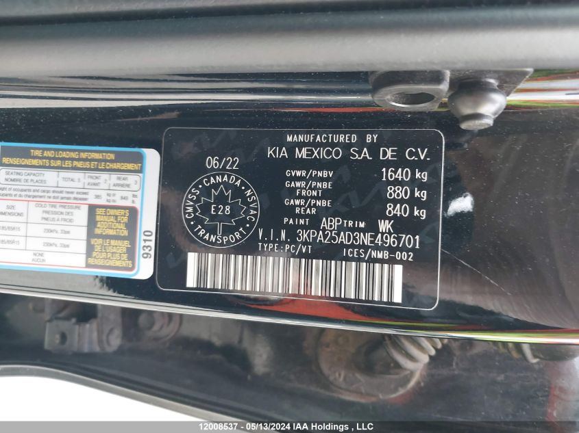 2022 Kia Rio 5-Door VIN: 3KPA25AD3NE496701 Lot: 12008537