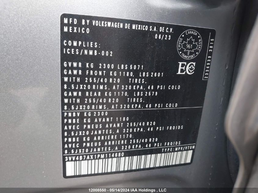 2023 Volkswagen Tiguan VIN: 3VV4B7AX1PM114680 Lot: 12008550