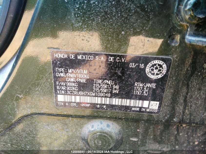 2016 Honda Hr-V VIN: 3CZRU6H7XGM109048 Lot: 12008581