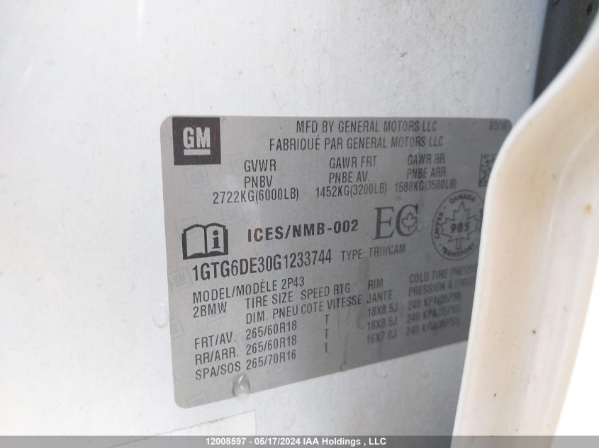 2016 GMC Canyon VIN: 1GTG6DE30G1233744 Lot: 12008597