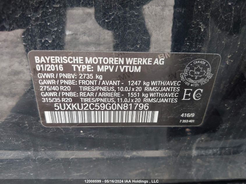 2016 BMW X6 VIN: 5UXKU2C59G0N81796 Lot: 12008599