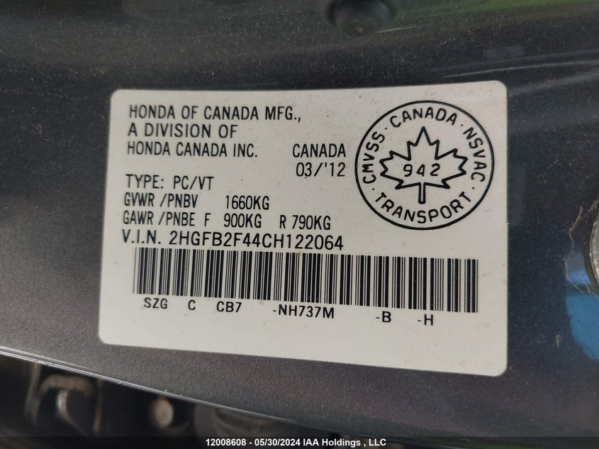 2012 Honda Civic Sdn VIN: 2HGFB2F44CH122064 Lot: 12008608