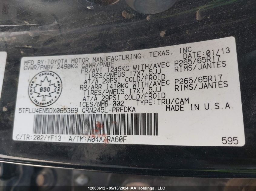 2013 Toyota Tacoma V6 VIN: 5TFLU4EN5DX065369 Lot: 12008612