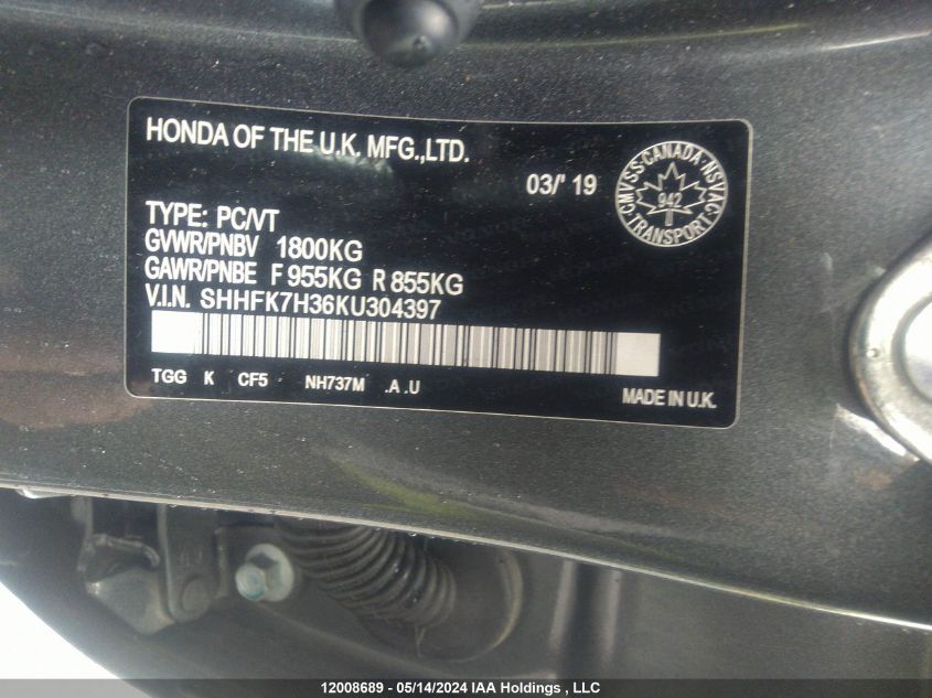 2019 Honda Civic Lx VIN: SHHFK7H36KU304397 Lot: 12008689