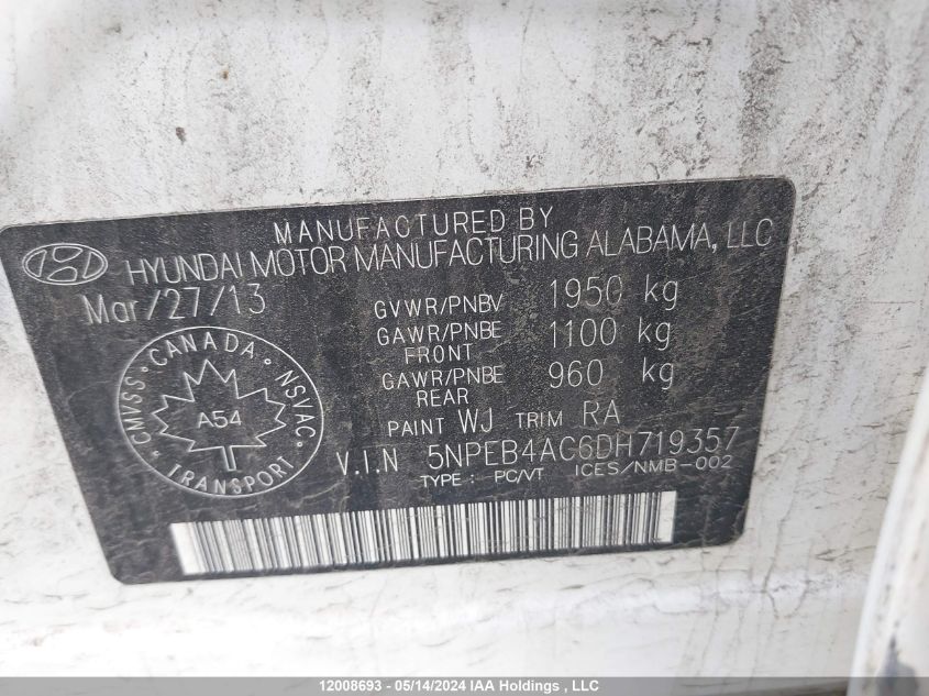 2013 Hyundai Sonata Gls VIN: 5NPEB4AC6DH719357 Lot: 12008693
