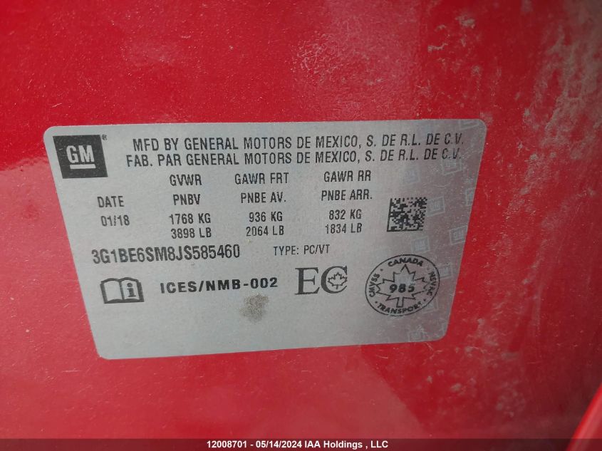 2018 Chevrolet Cruze Lt VIN: 3G1BE6SM8JS585460 Lot: 12008701
