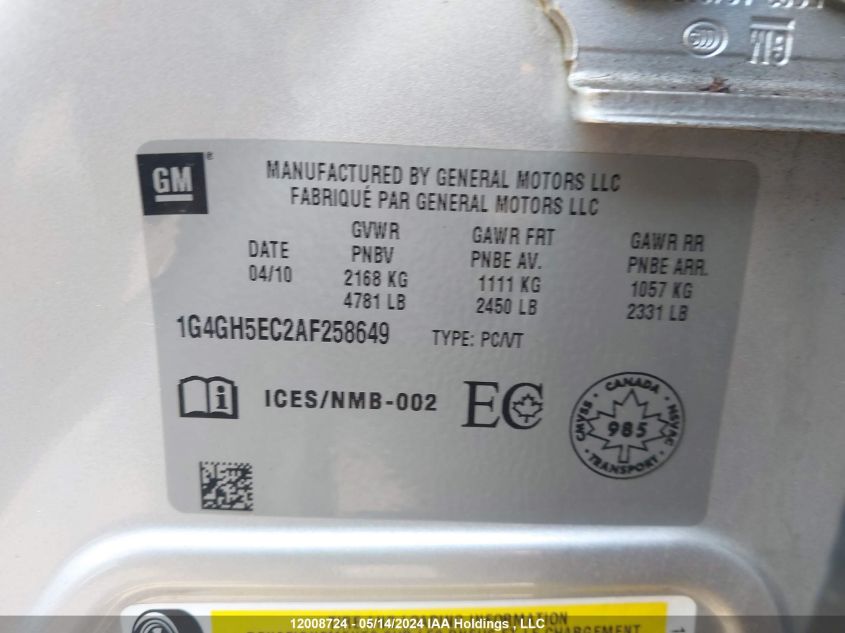 2010 Buick Lacrosse VIN: 1G4GH5EC2AF258649 Lot: 12008724