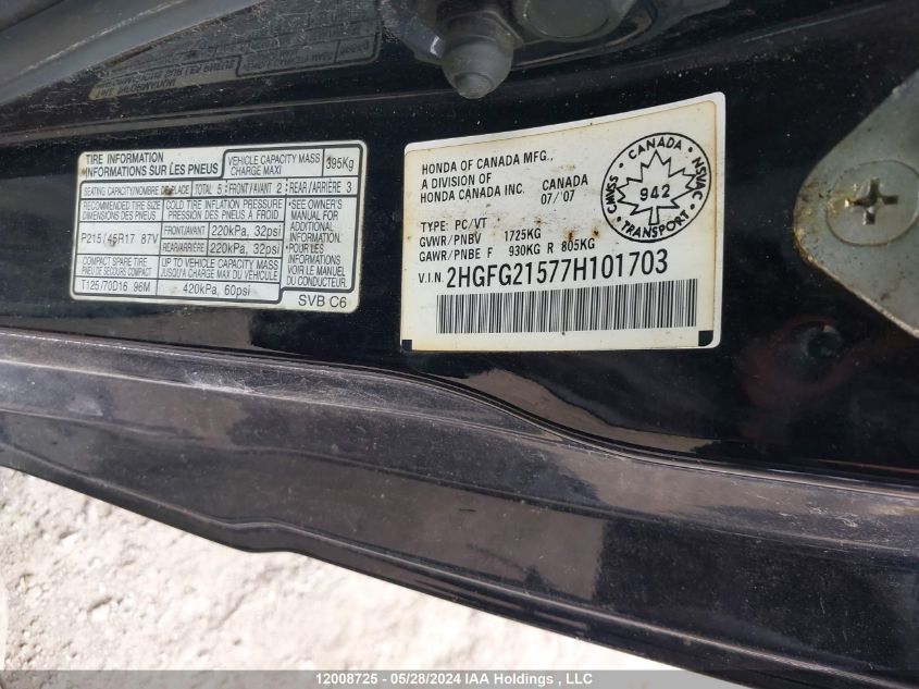 2007 Honda Civic Si Si VIN: 2HGFG21577H101703 Lot: 12008725