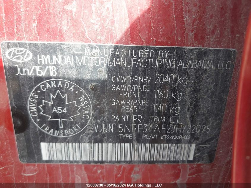 2018 Hyundai Sonata VIN: 5NPE34AF2JH722095 Lot: 12008730