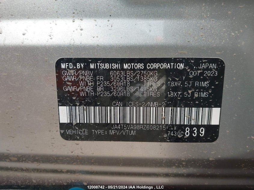 2024 Mitsubishi Outlander Phev VIN: JA4T5VA98RZ608215 Lot: 12008742